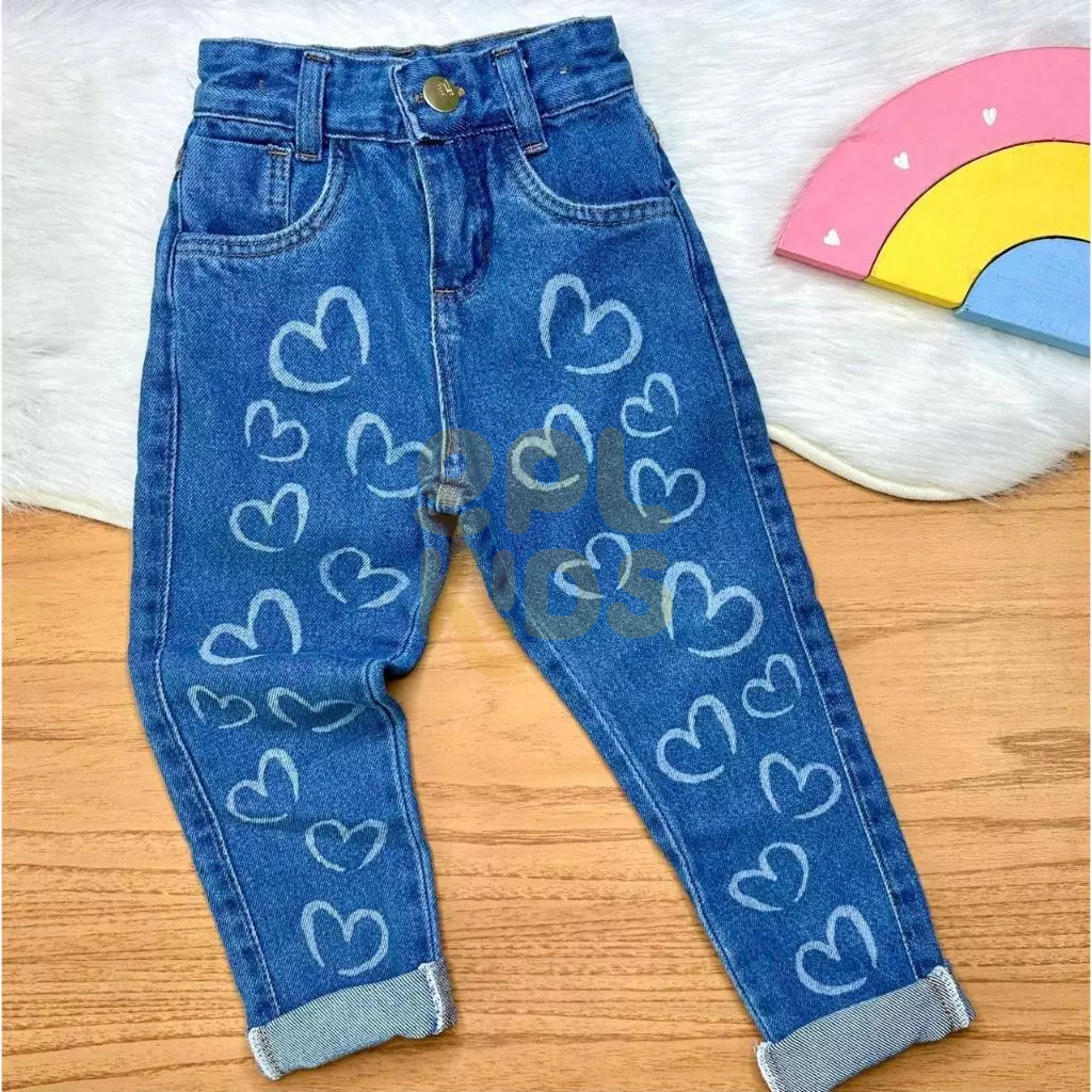 Calça Jeans Infantil Menina Mom Coração Feminina em Oferta na Shopee