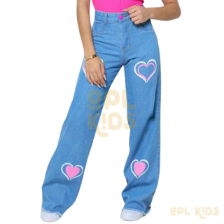Calça Jeans Infantil Menina Wide Leg Coração Pantalona Destroyed Mom em Oferta na Shopee