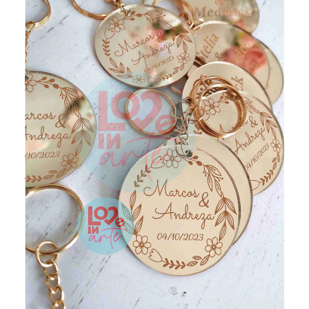 Kit Chaveiros Personalizados Acrílico Espelhado Noivos, Casamento, Casal, Lembrancinha, Batizado, Aniversário