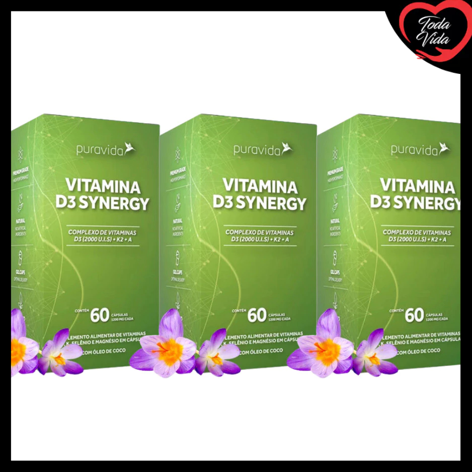 VITAMINA D3 SYNERGY PURA VIDA 60CAPS KIT COM 3 UNID