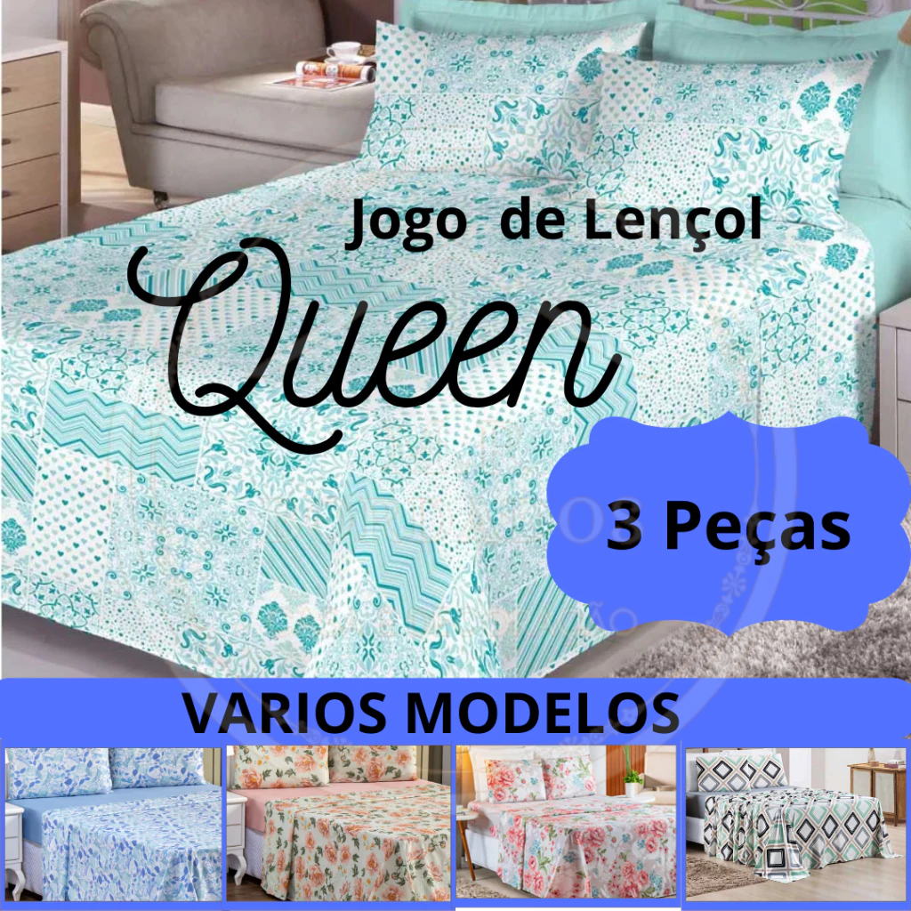 Jogo Lençol Casal 3 Peças Queen Jogo de Cama Estampado.