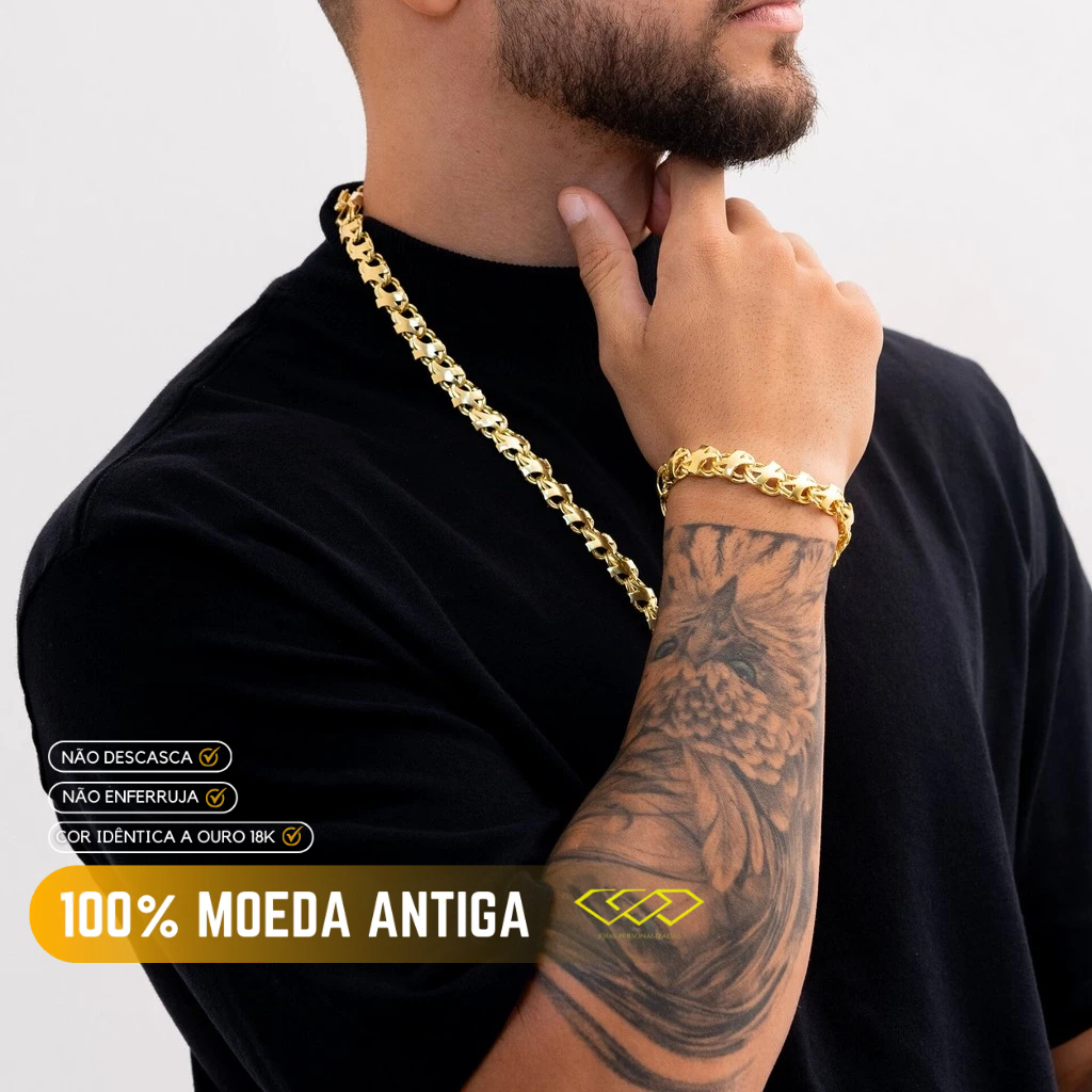 Cojunto kit Corrente Grossa Masculina E Pulseira Luxo Friso 12 mm De Moeda Antiga