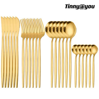 24 Peças Talheres Dourado de Aço Inox Garfo Colher Faca Colher De Mesa TINNY YOU