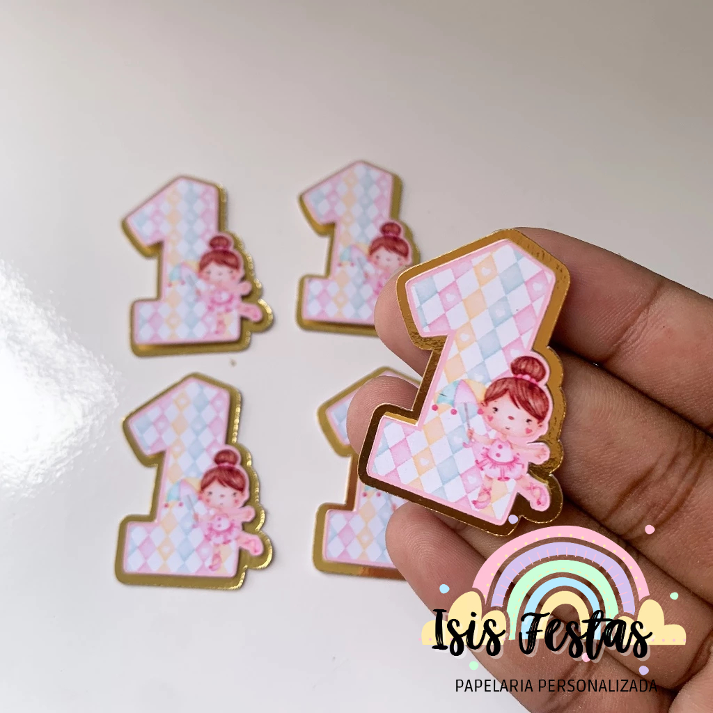 10 Apliques 3D Número CIRCO ROSA BAILARINA - DOURADO