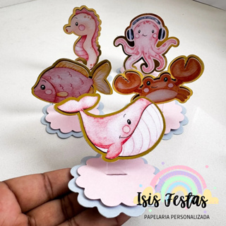 Tag Aplique 3D em Pé Fundo do Mar Menina Rosa - DOURADO em Oferta na Shopee