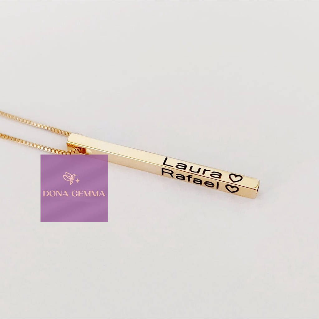 Colar Gargantilha Pingente Palito Barrinha 3D Personalizada Nome Banhada Folheada Ouro 18k