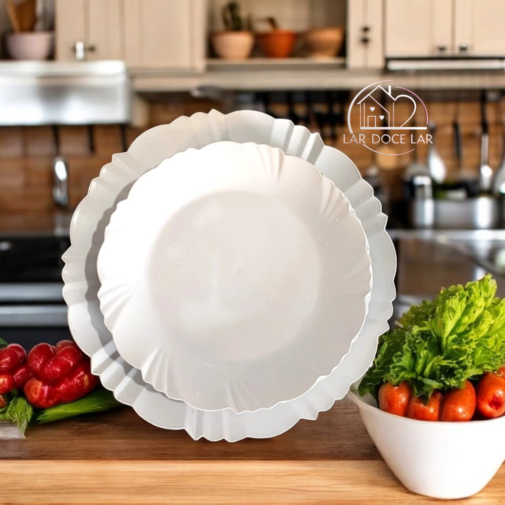 Kit 100 pratos - 50 Refeição/50 Sobremesa pétala fundo branco redondo PLÁSTICO jantar mesa posta