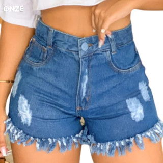 Short Jeans Feminino com barra desfiada Bolsos Traseiro Verão Carnaval Destroyed em Oferta na Shopee