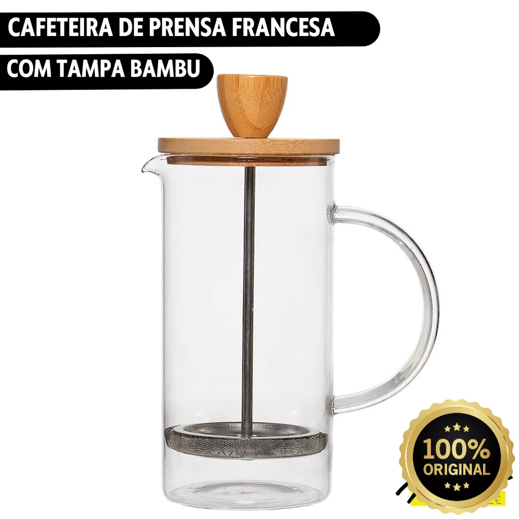 Cafeteira Prensa Francesa 7 Xícaras Vidro 370ml Tampa Bambu Café Leite Cremoso Mimo