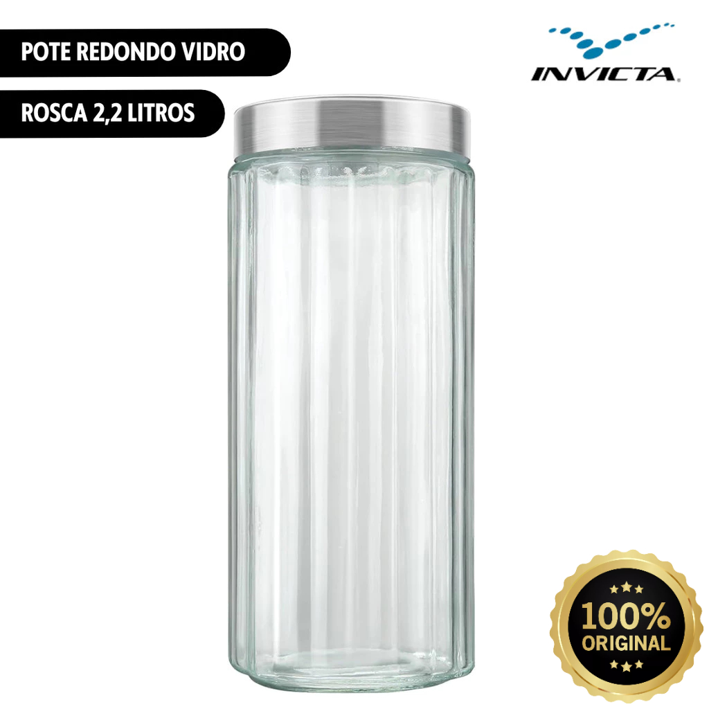 Pote Redondo 2,2 Litros Vidro Canelado Tampa Inox Rosca Invicta