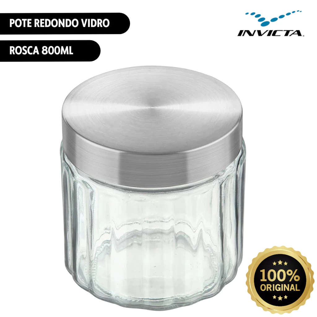 Pote Redondo 800ml Vidro Canelado Tampa Inox Rosca Invicta