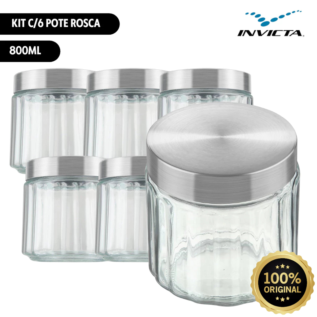 Kit c/6 Unid Pote Redondo 800ml Vidro Canelado Tampa Inox Rosca Invicta