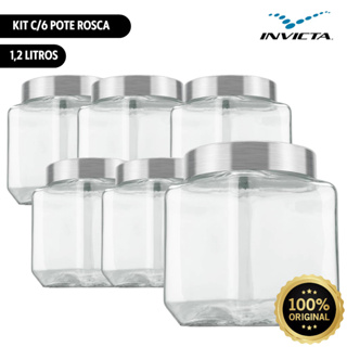 Kit c/6 Unid Pote Quadrado 1,2 Litros Vidro Liso Tampa Inox Rosca Invicta em Oferta na Shopee