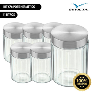 Kit c/6 Unid Pote Redondo 1,1 Litros Vidro Canelado Tampa Inox Rosca Invicta em Oferta na Shopee