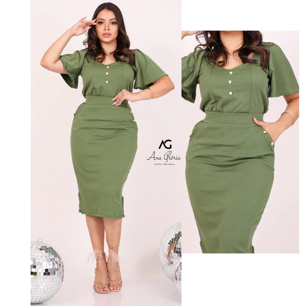Conjunto Saia Mídi E Blusa Botão Manga Malha Crepe Moda Feminina Evangélica Festa Congresso PlusSize em Oferta na Shopee