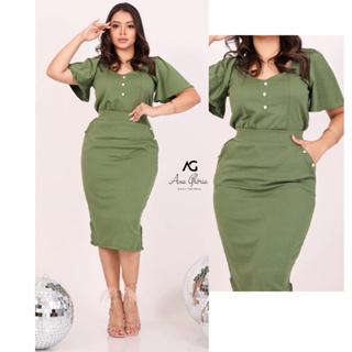 Conjunto Saia Mídi E Blusa Botão Manga Malha Crepe Moda Feminina Evangélica Festa Congresso PlusSize em Oferta na Shopee
