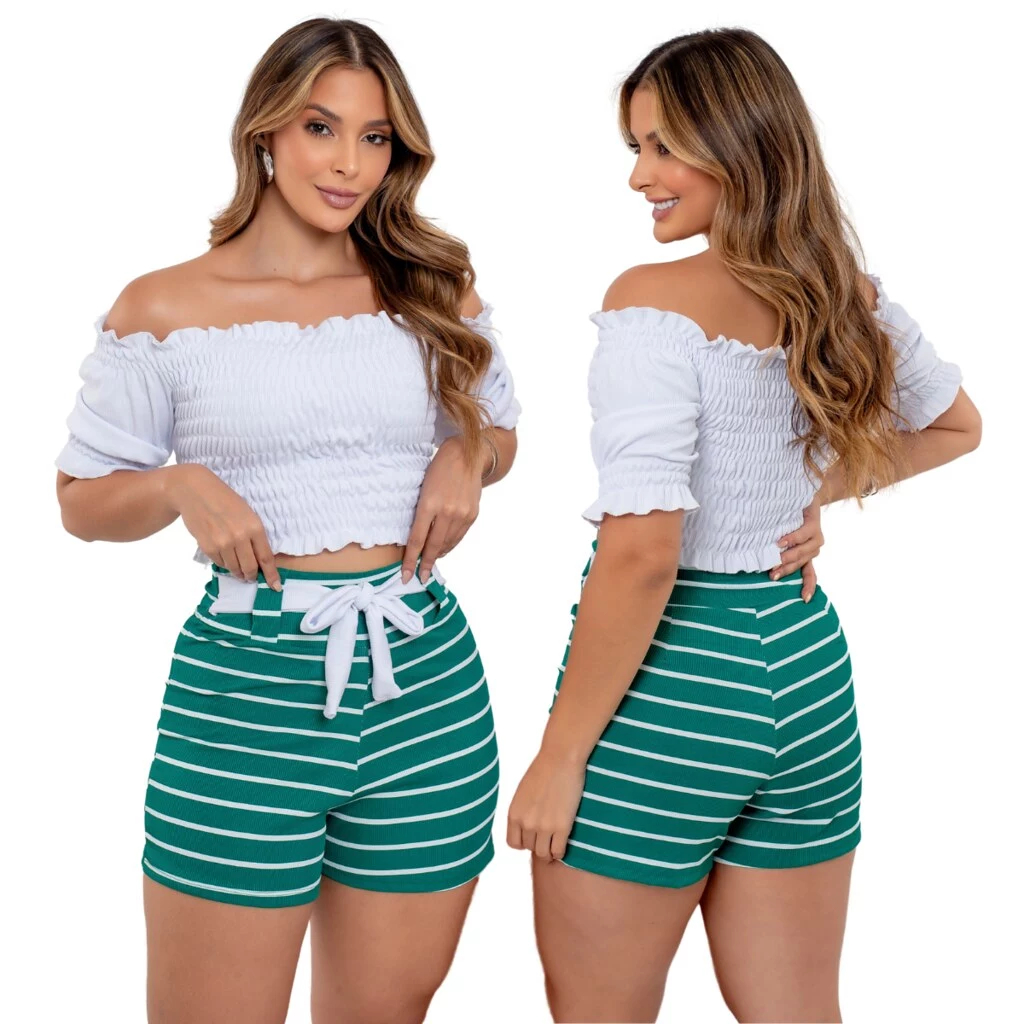 Conjunto Feminino Verde Blusinha Com Mangas Ombro a Ombro e Short Listrado