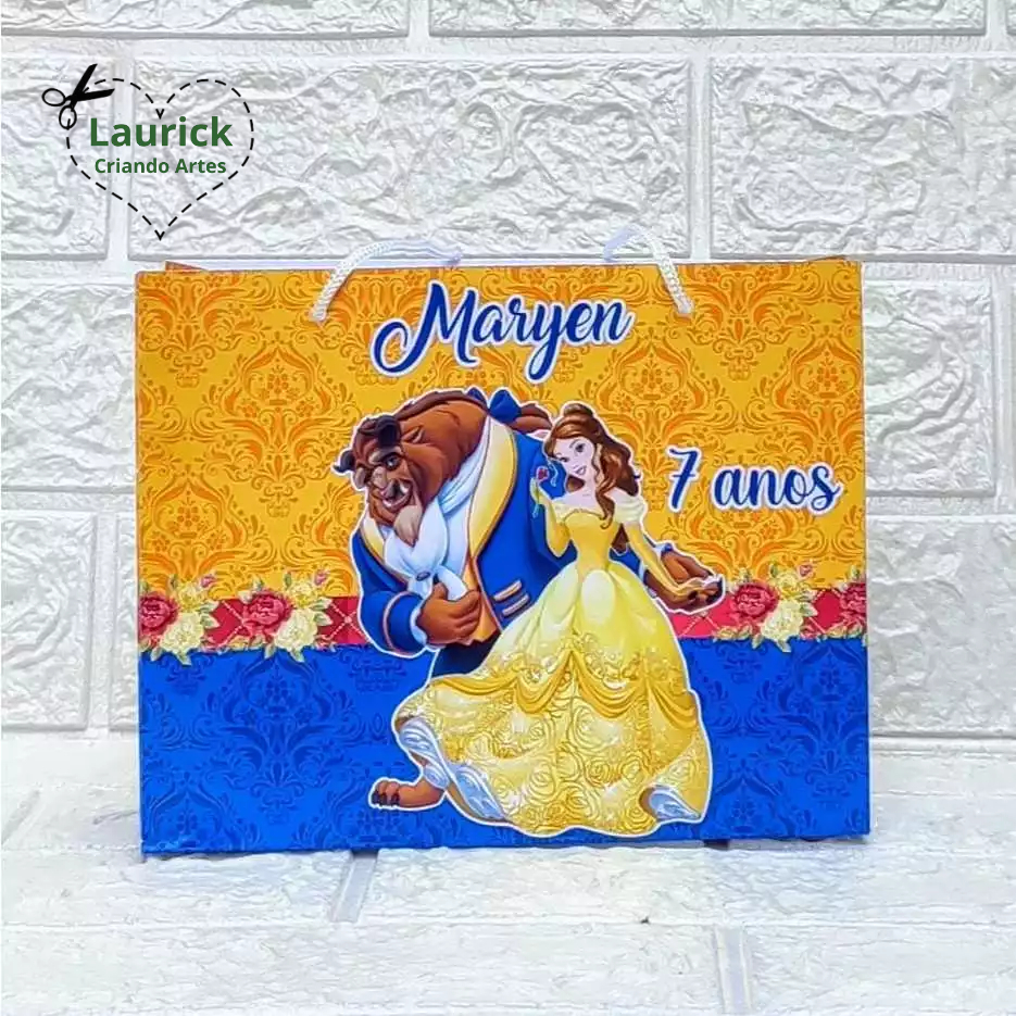 Sacolinha M horizontal A Bela e a Fera Personalizada Festa Infantil Lembrancinha Pegue e Monte