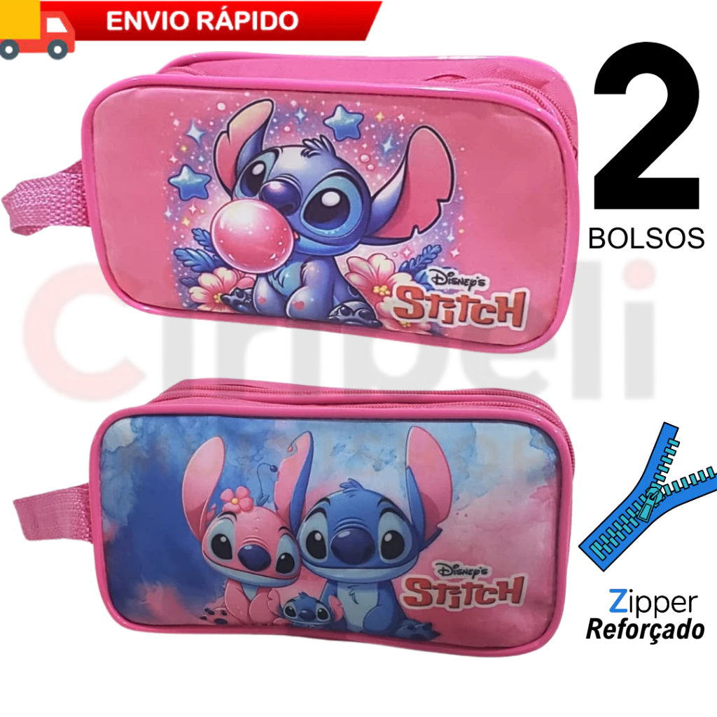 Estojo Lápis Duplo Escolar Lilo Stitch 2 Bolsos Divisórias Angel Infantil