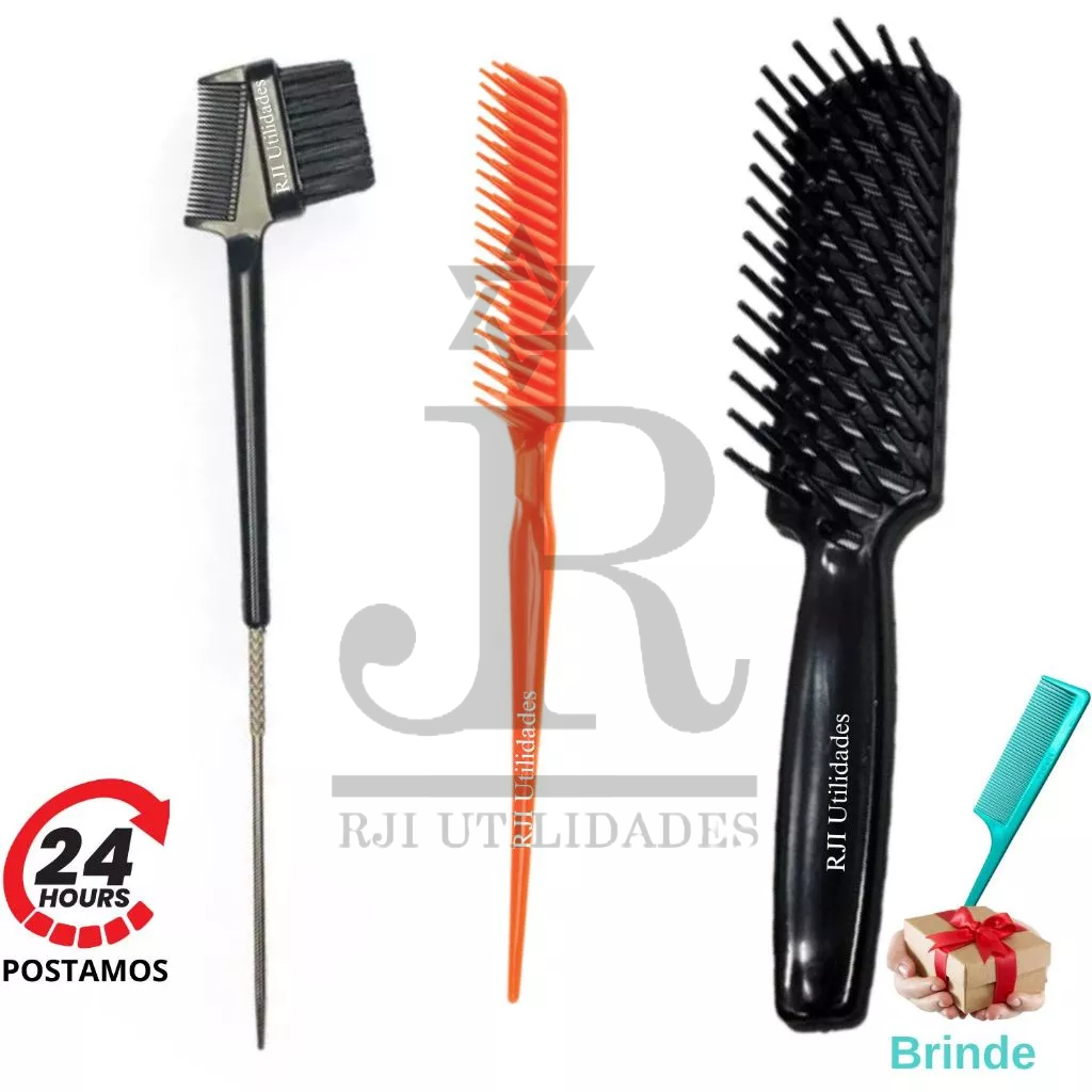 Kit Baby Hair 3 em 1 Ponta Fina Cabo Aço + Pente 3 Fileiras Fitagem + Escova Cabelo Raquete Vazada
