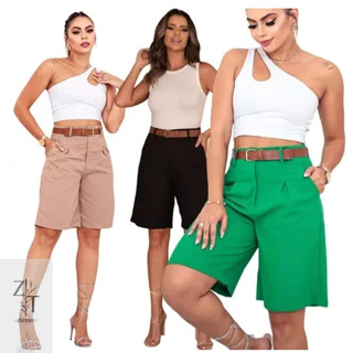 Bermuda Fabricia Feminina De Linho Com Cinto em Oferta na Shopee