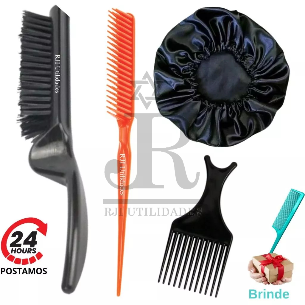 Kit Escova Cabelo 5 Fileiras Finalização, Pente 3 Fileiras Fitagem, Touca de Cetim, Pente Garfo Afro