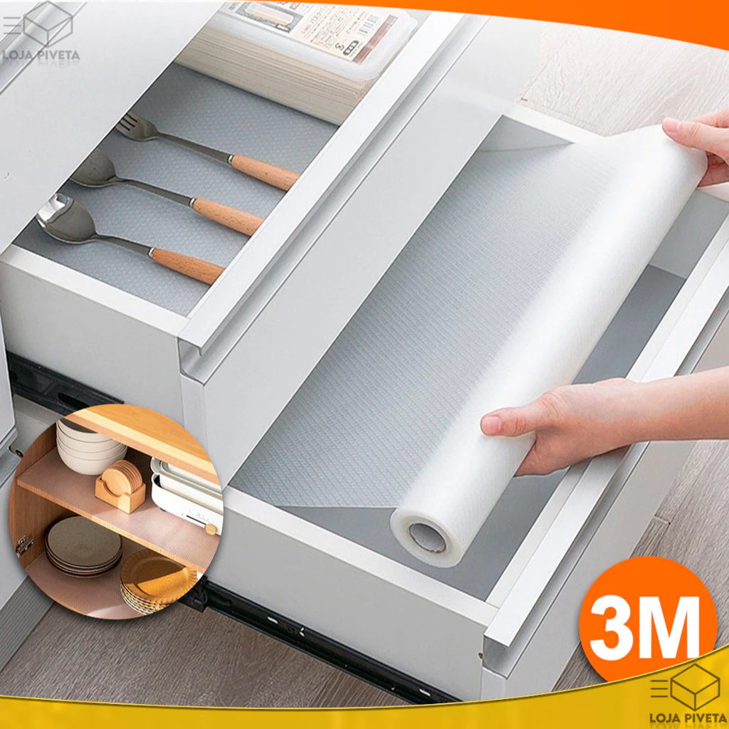Forro Para Gavetas 3Mx30CM Tapete Protetor de Armários Pia Bancada Antiderrapante Lavável