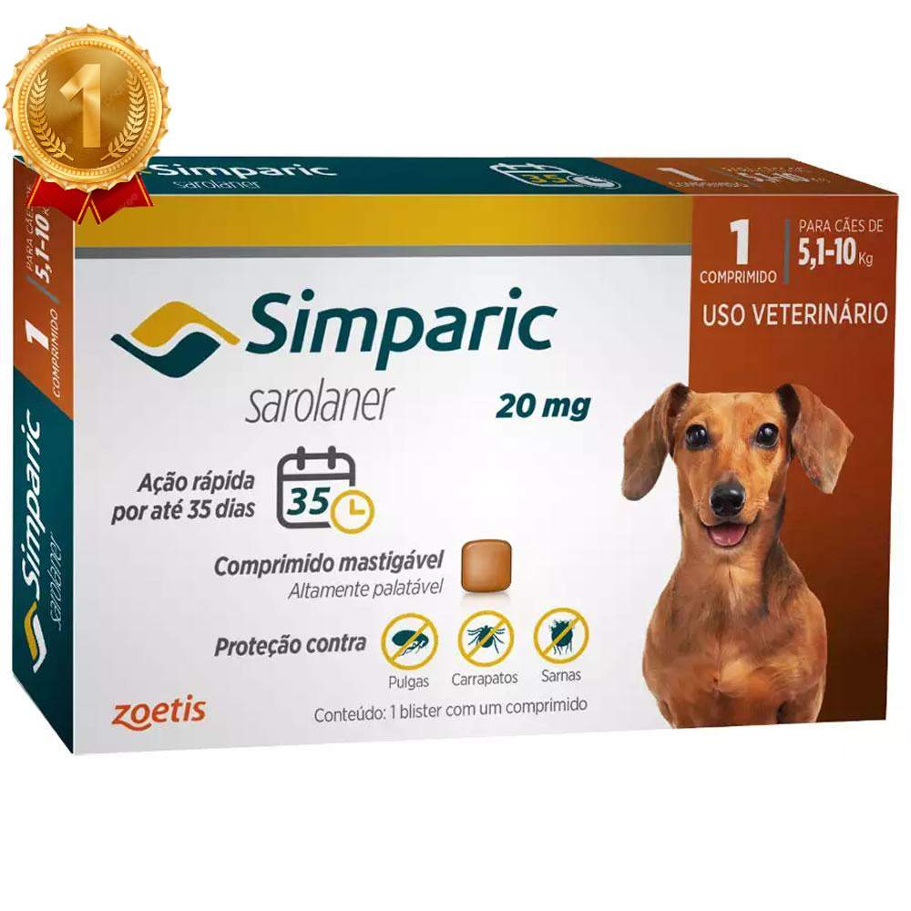 Antipulgas e Carrapatos Simparic  Cães de 5,1 a 10kg com 1 Comprimido - Pets