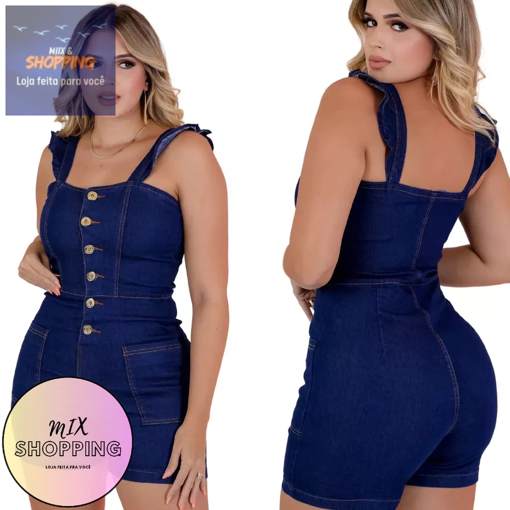 Macaquinho Nova Tendencia Gringa  Macaquinho Jeans Feminina com Lycra
