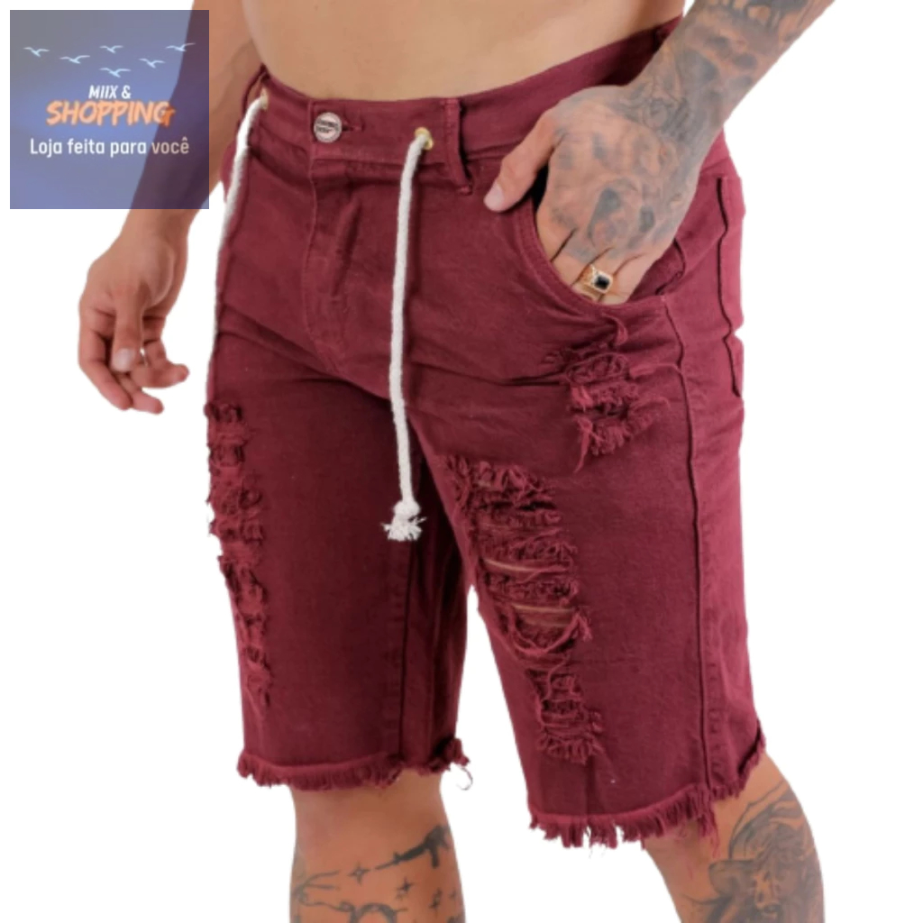 Bermuda Jeans masculina destroyed com cordão roupa masculina modelo rasgado Botão con Zíper