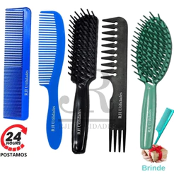Kit 5 Pente Cabelo Jacaré, Mata Marido, Tradicional, Escova Raquete Reta Vazada, Raquete Oval Vazada