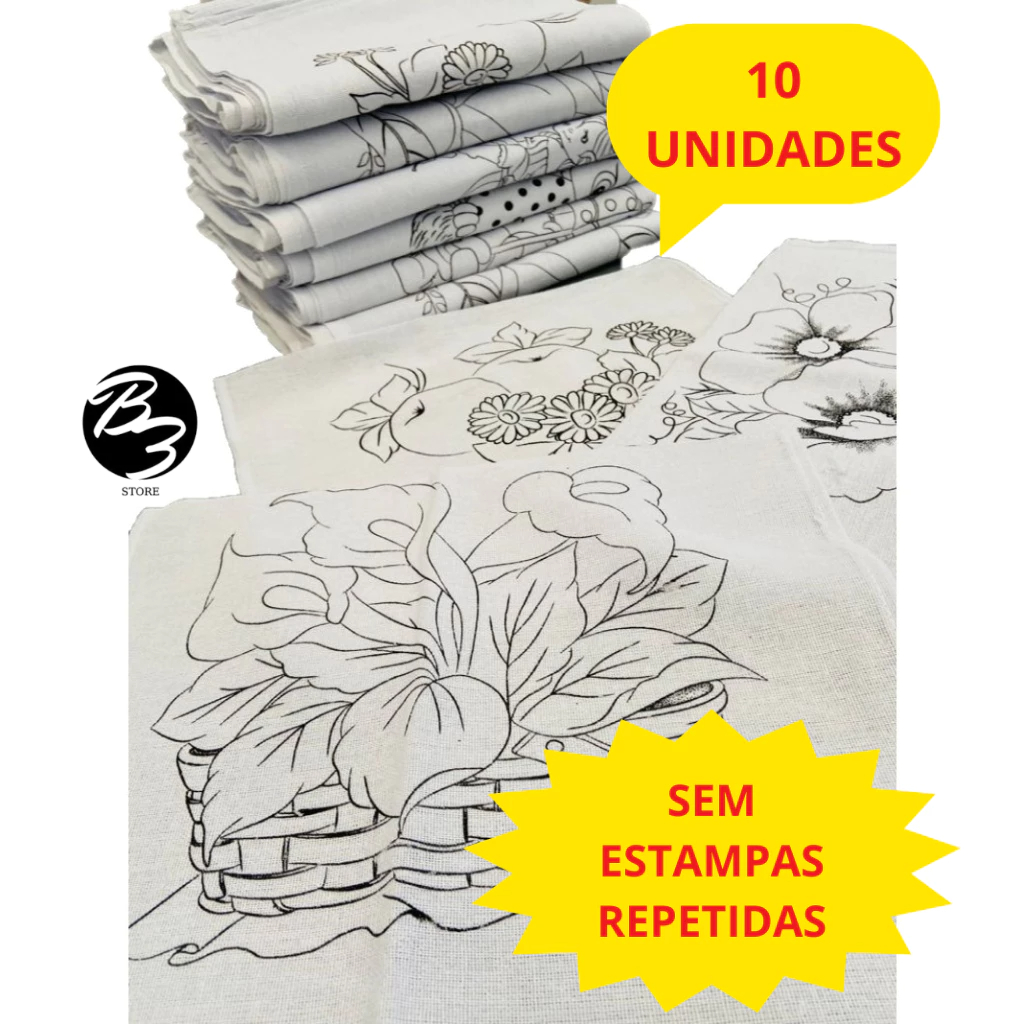 Kit 10 Pano de Prato Branco Riscado Para Pintura - Bainha Premium 100% Algodão 68X40