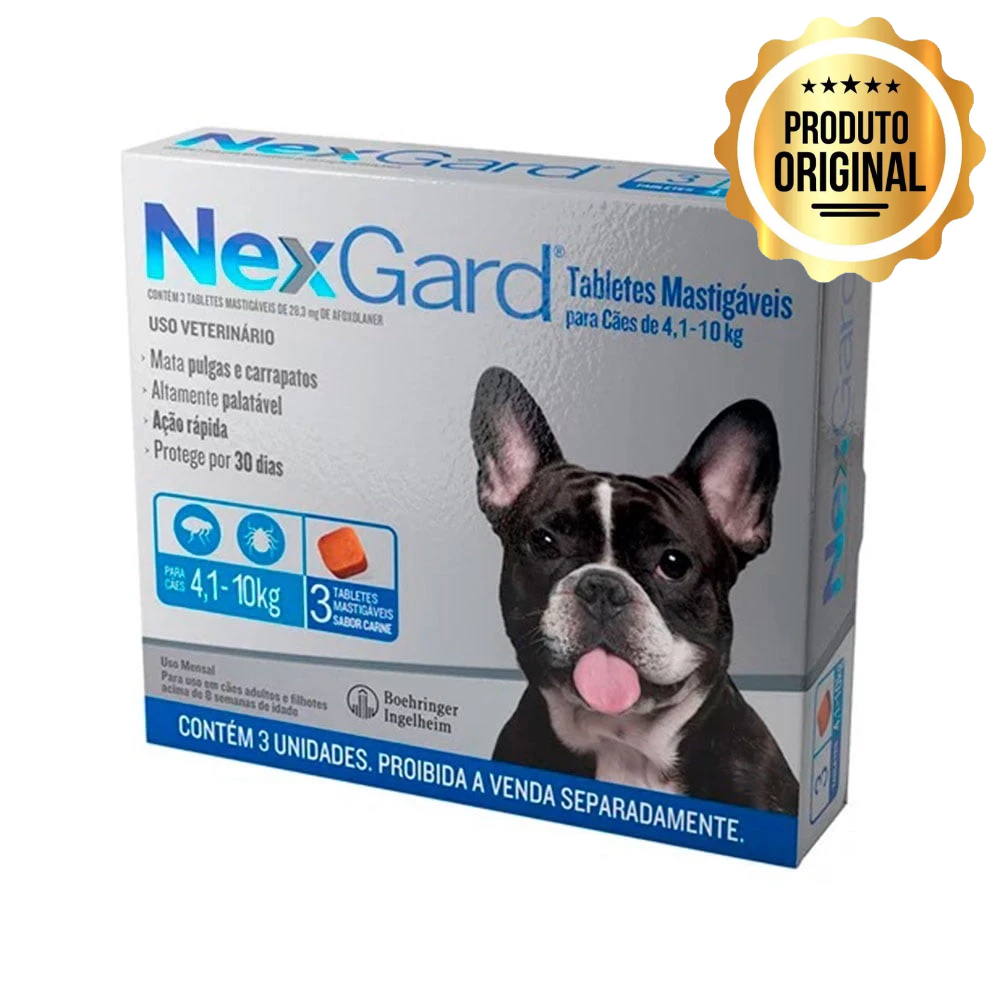 Antipulgas e Carrapatos NexGard Cães de 4,1 a 10kg 3 Tabletes