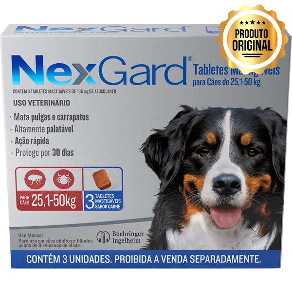 Anti Pulgas e Carrapatos NexGard para Cães de 25,1 a 50 Kg - 3 Tabletes
