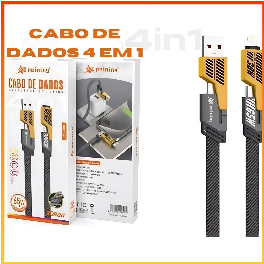Cabo 4 em 1 Carregamento Rápido 65W  PD 27W USB-C Tipo-C Lightning Universal para Android iOS