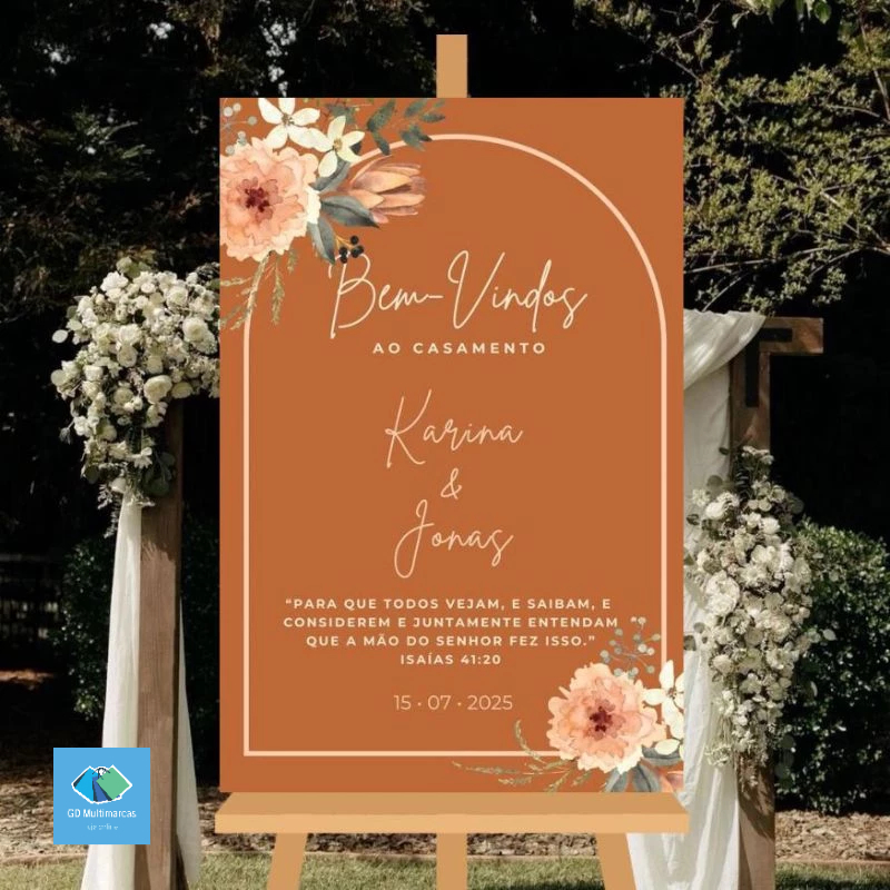 Placa Casamento Moderno Flores Bem Vindos Personalizado Nome