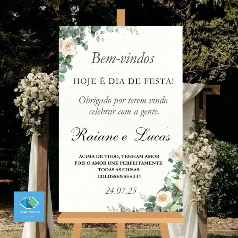 Placa Casamento Recepção Bem Vindos Flores Rosas Brancas Grande