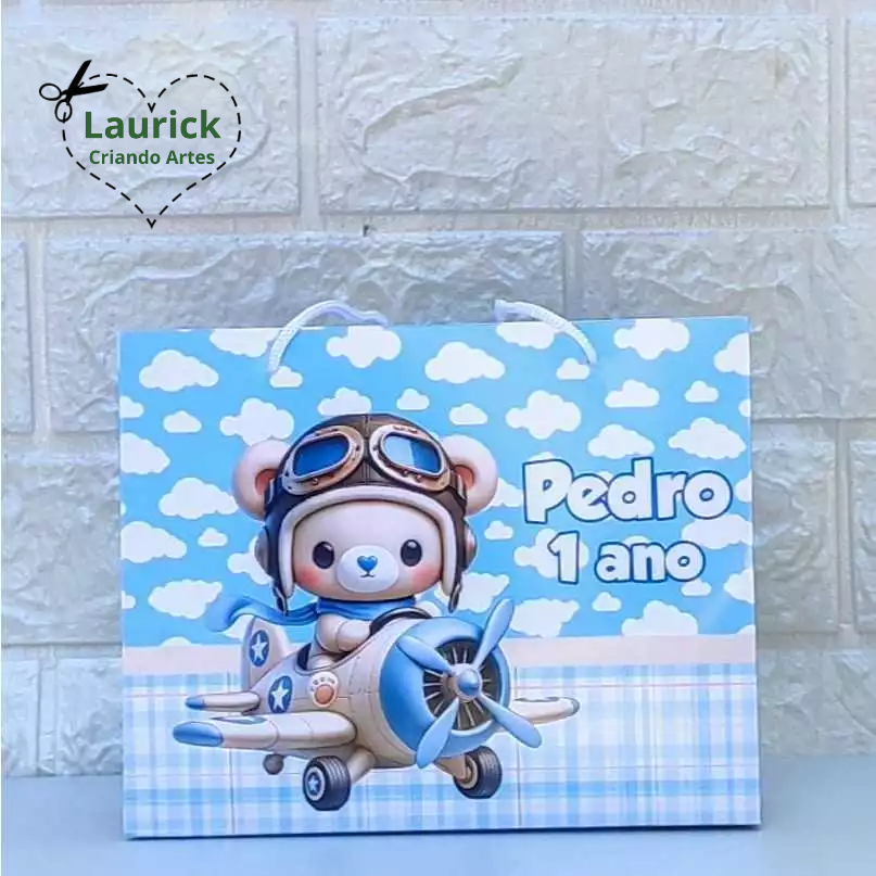 Sacolinha Personalizada Ursinho Aviador Festa Infantil Lembrancinha Aniversário