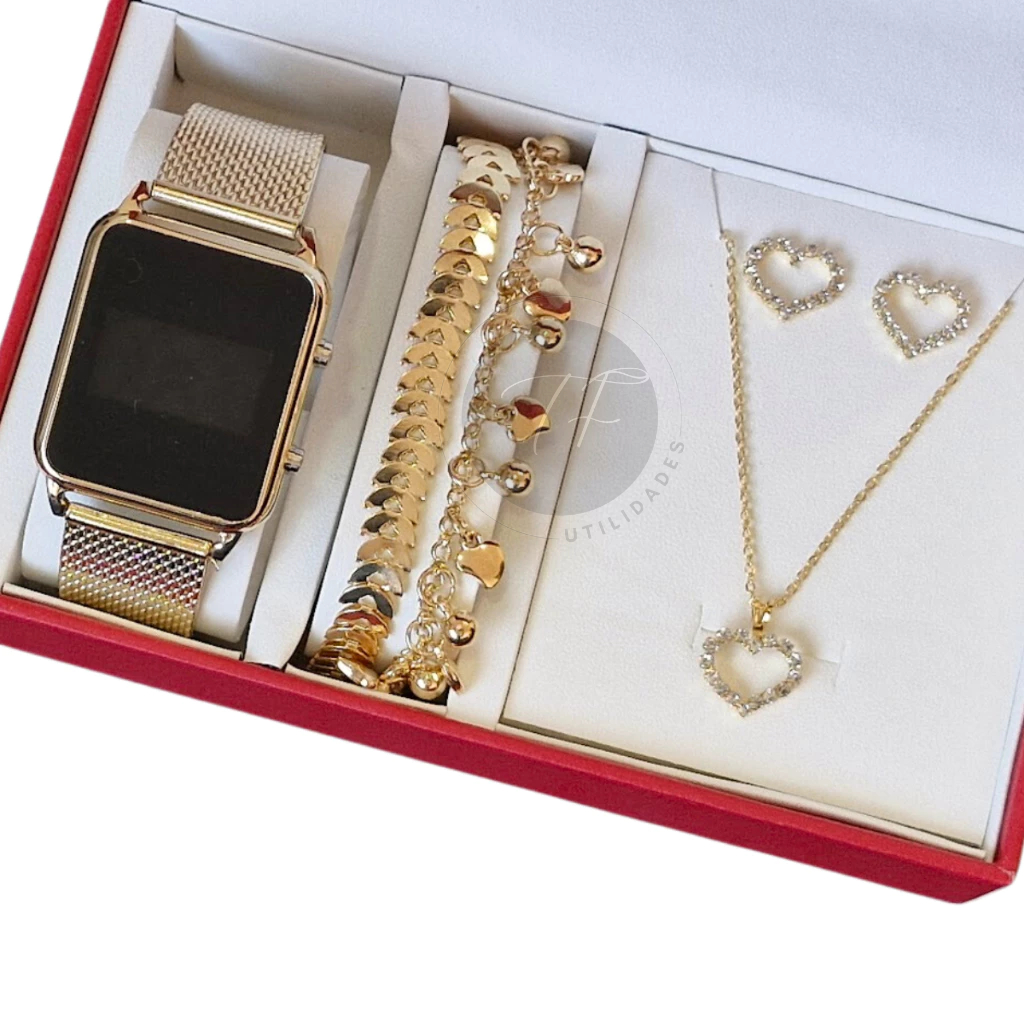 Relógio Feminino Digital de Led + Colar Brincos Folheado Ouro + Pulseira Feminina com Caixa - Presente dia dos namorados