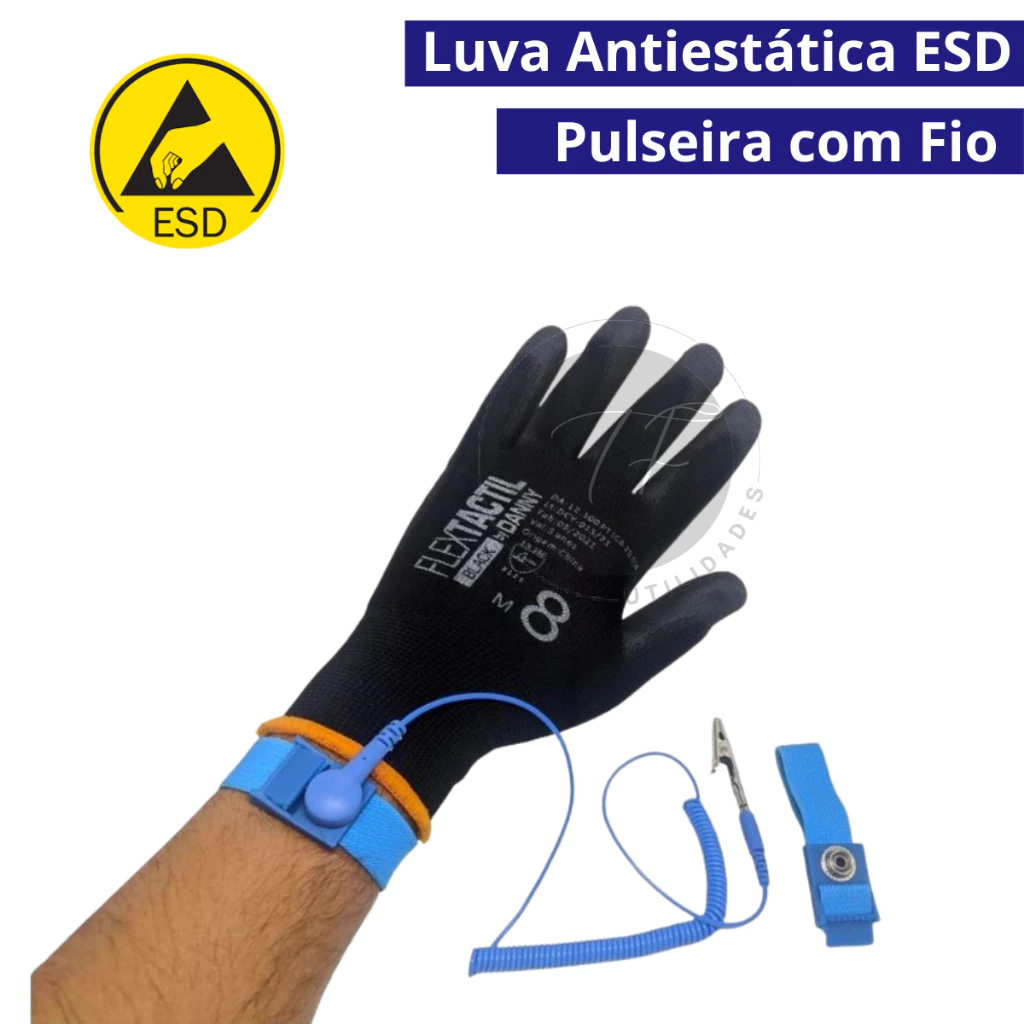 Luva Antiestatica + Pulseira Antiestática Com Fio ESD - Luva Flextáctil Esd De Nylon e Poliuretano