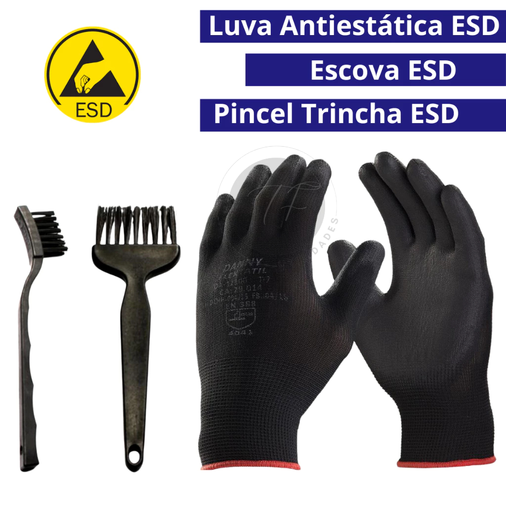 KIT limpeza de PC Luva Antiestatica + Escova Hikari Antiestática ESD + Pincel Trincha Hikari Antiestatico