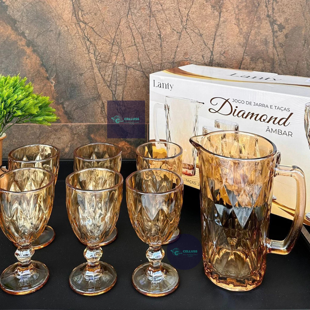 Jogo de Jarra 7 Peças Jarra de Vidro 1 Litro e 6 Taças 260 Ml Ambar de Vidro Conjunto Diamond