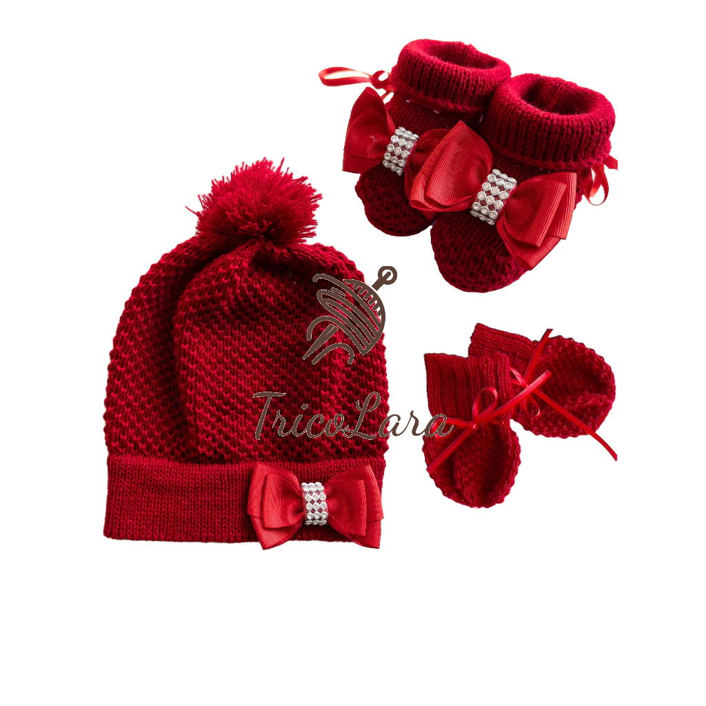 KIT Touca/Gorro luva e sapatinho para Bebê VERMELHO laço recém nascido maternidade 0 a 3 meses em tricô