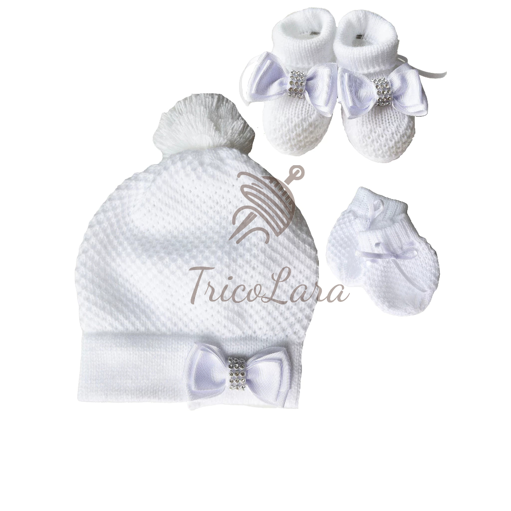KIT Touca/Gorro luva e sapatinho para Bebê BRANCO recém nascido maternidade 0 a 3 meses em tricô em Oferta na Shopee