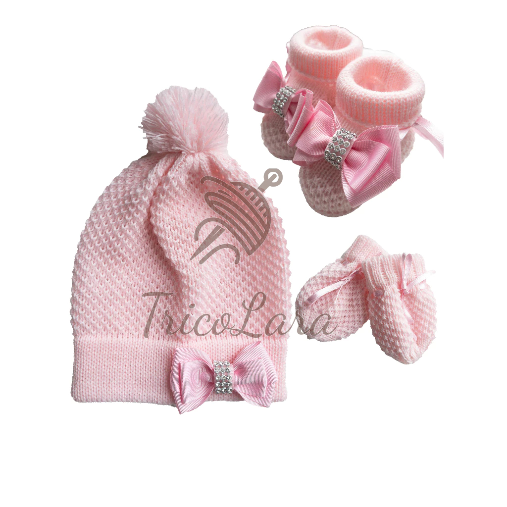Kit Touca/Gorro luva e sapatinho para Bebê ROSA laço recém nascido maternidade 0 a 3 meses em tricô