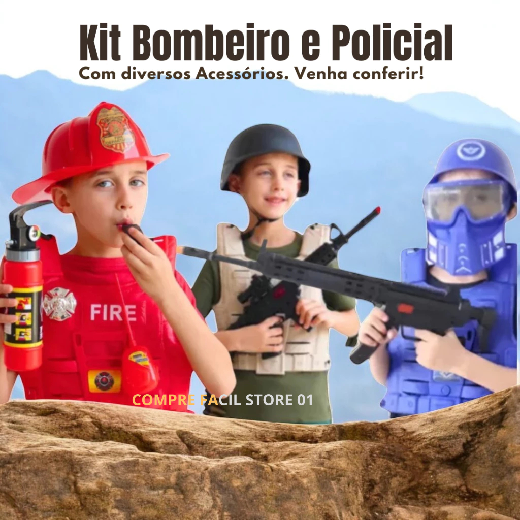 Brinquedo Menino Kit Policial ou Bombeiro Colete Rifle Acessórios Rifle Verde Militar Azul Menino