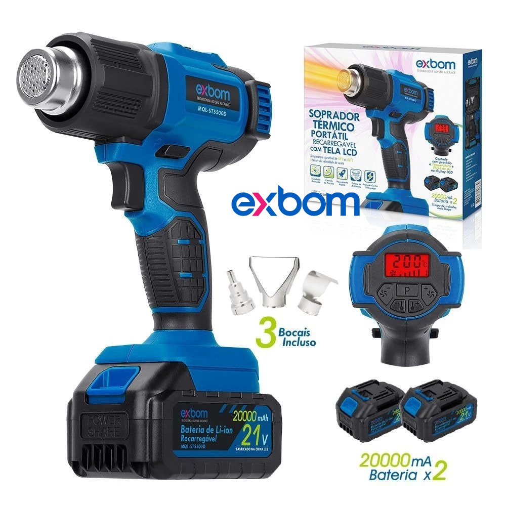 Soprador Térmico DIGITAL á bateria 320W brinde Bicos MQL-ST5500D Exbom + 02 baterias