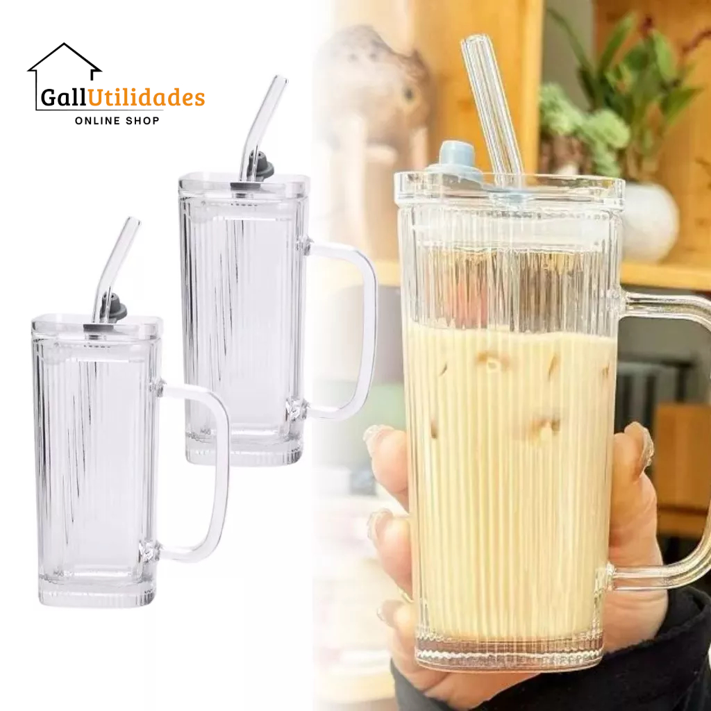Kit 02 Copo de Vidro com Tampa e Canudo Caneca de Vidro Canelado Frisado Caneca com Canudo Chá Gelado Café