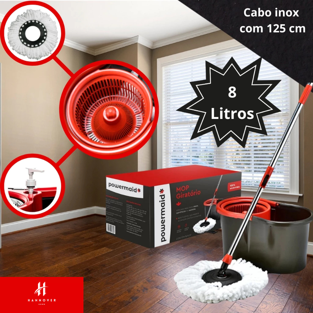Mop Giratório Com Balde 8L Plástico Centrífuga e Refil Microfibra Com Rodinhas Limpeza Sem Esforço