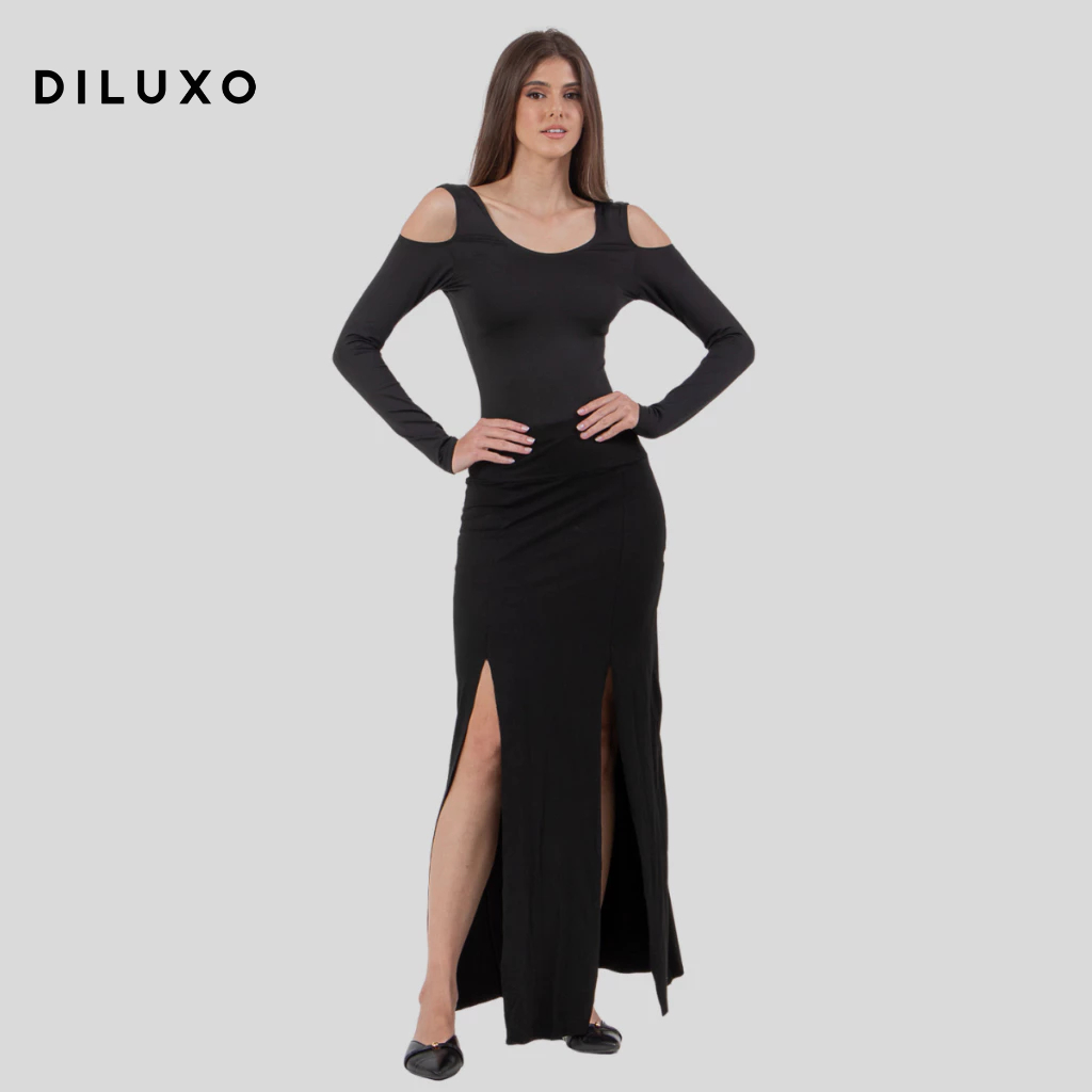 Saia Longa Diluxo Fenda Preta Roupa Tendencia em Oferta na Shopee